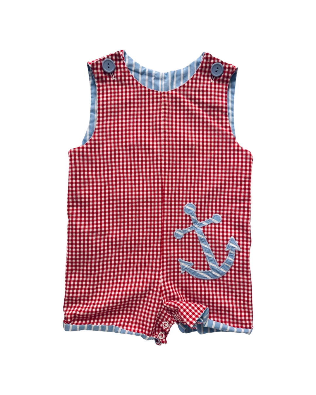 12M Baby Boy Kelly’s Kids Red Gingham Reversible Anchor Romper