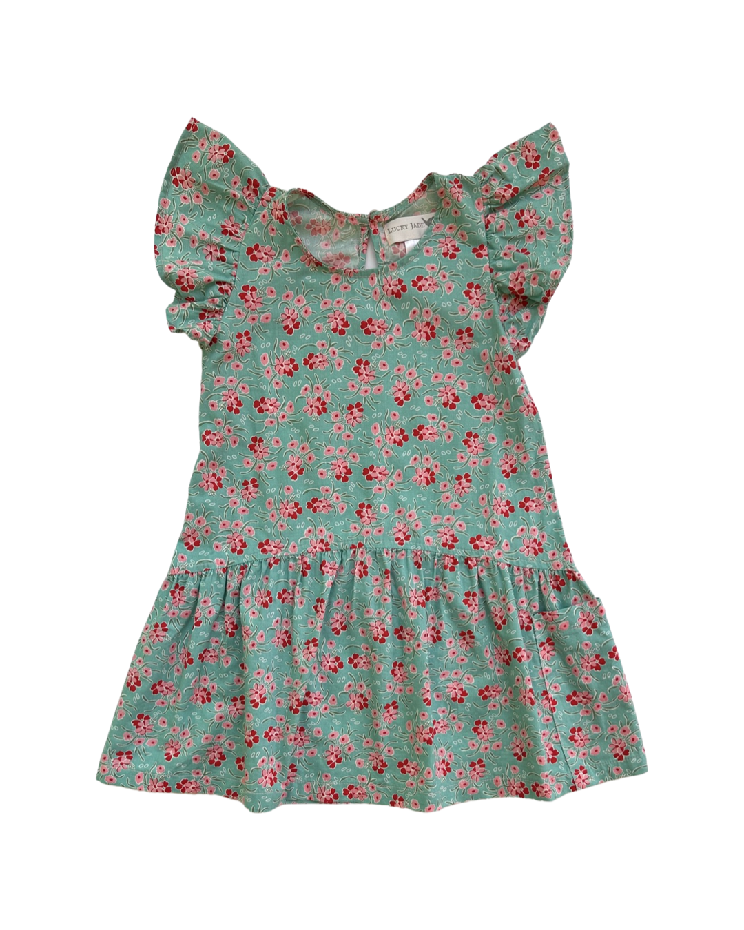 4-5 Toddler Girl Lucky Jade Green & Pink Floral Flutter Sleeve Dress.