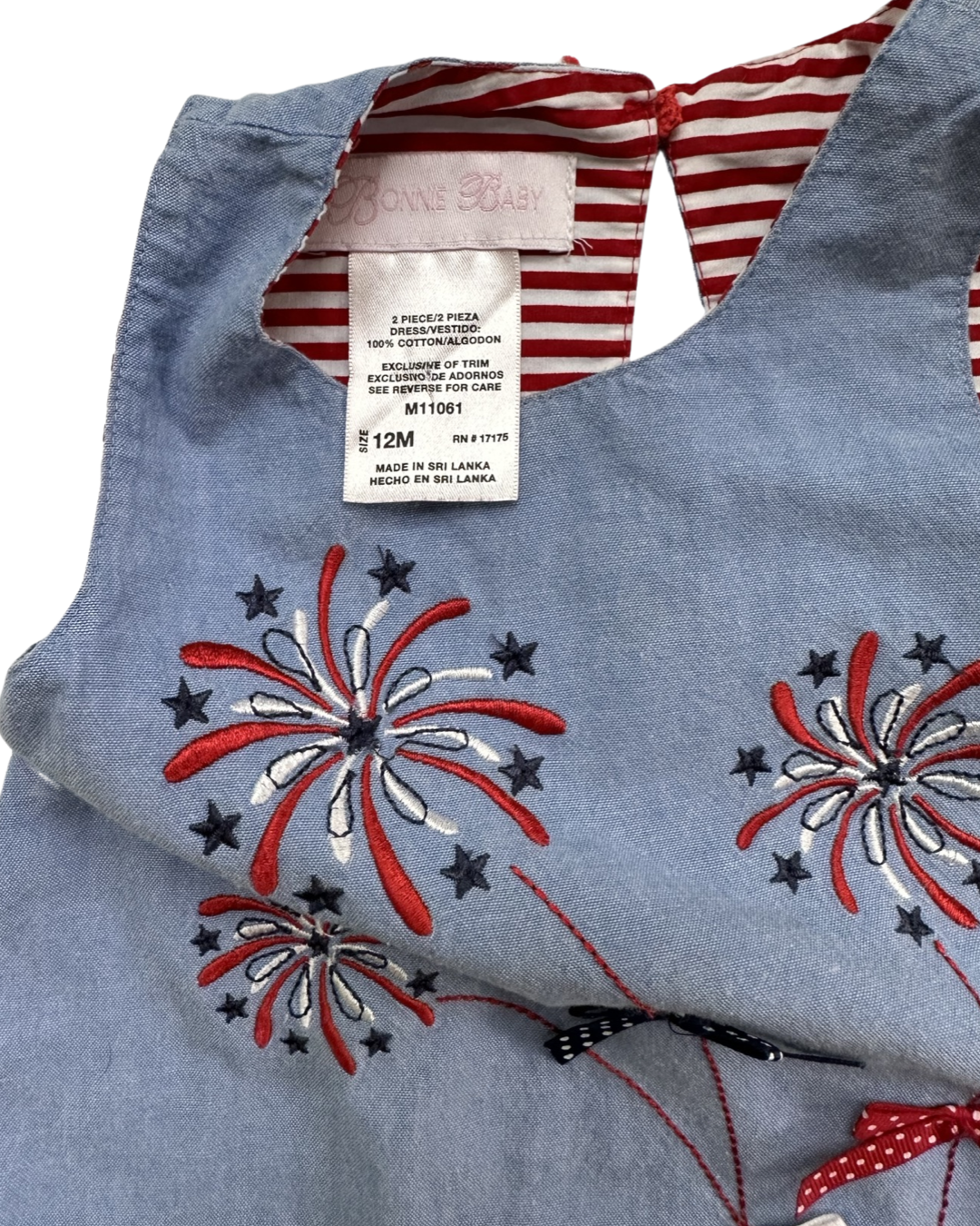 12M Baby Girl Bonnie Baby Chambray Patriotic Dress with Embroidered Fireworks and Red / White & Blue Bows