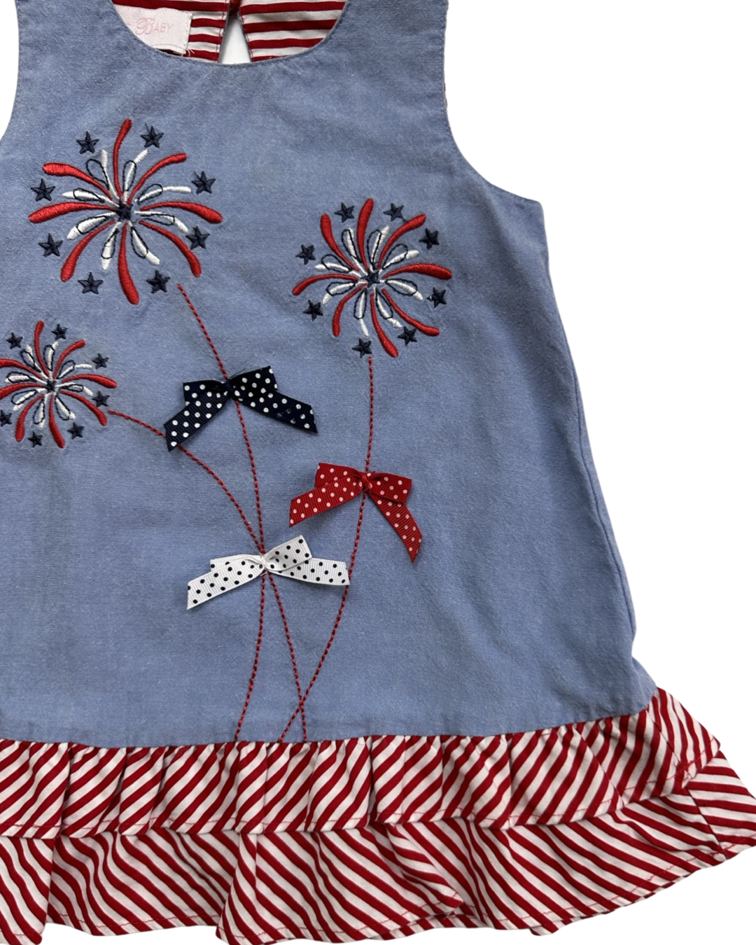12M Baby Girl Bonnie Baby Chambray Patriotic Dress with Embroidered Fireworks and Red / White & Blue Bows