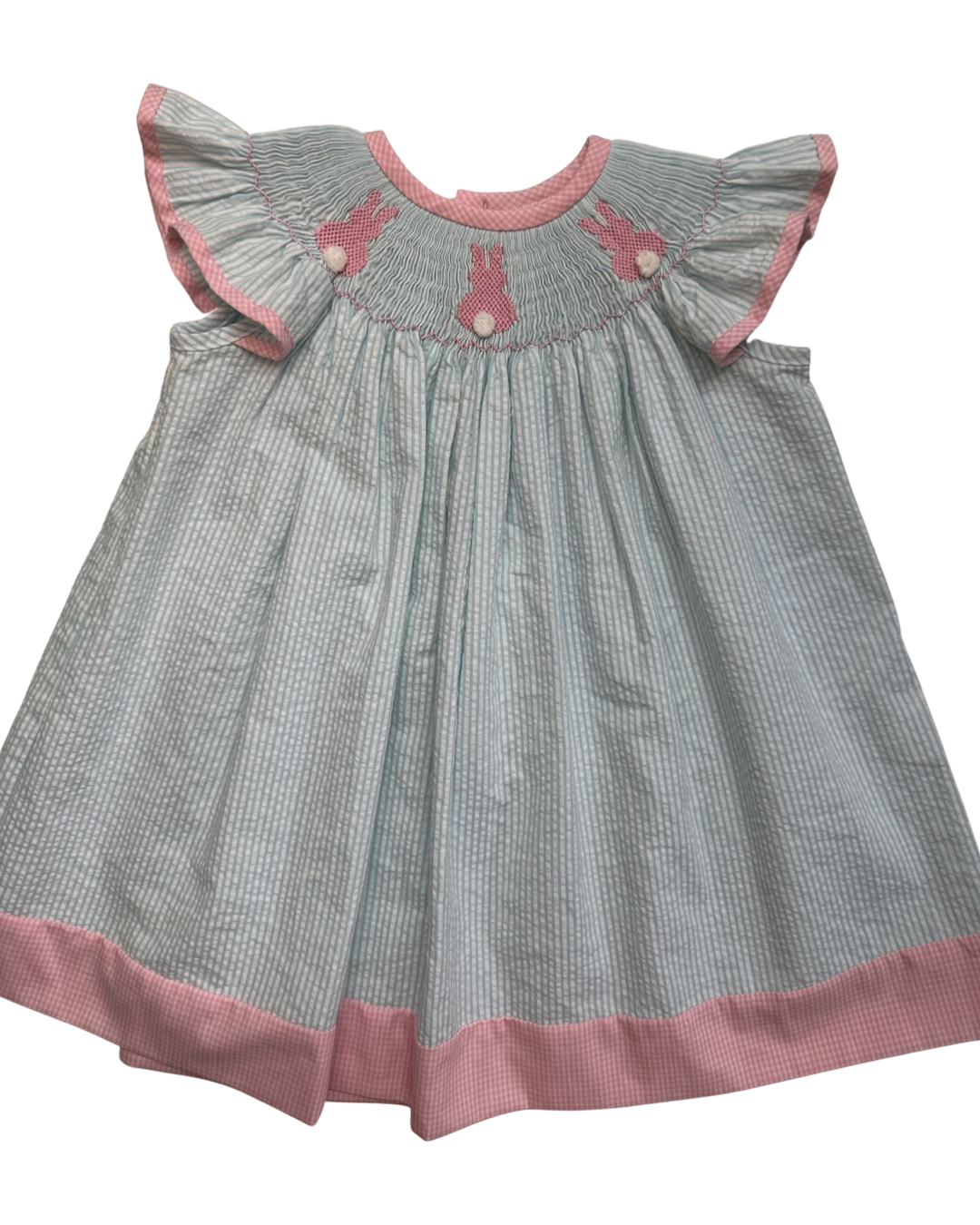 12M Baby Girl Blue / Pink Classic Whimsy Smocked Bunny Bum Flutter Sleeve Dress