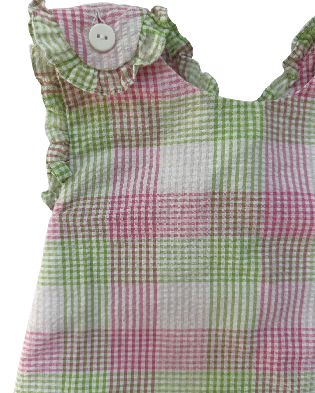 9M Baby Girl Petit Ami Pink / Green Plaid Cross Back Pinafore Top and Ruffle Bottom Bloomers