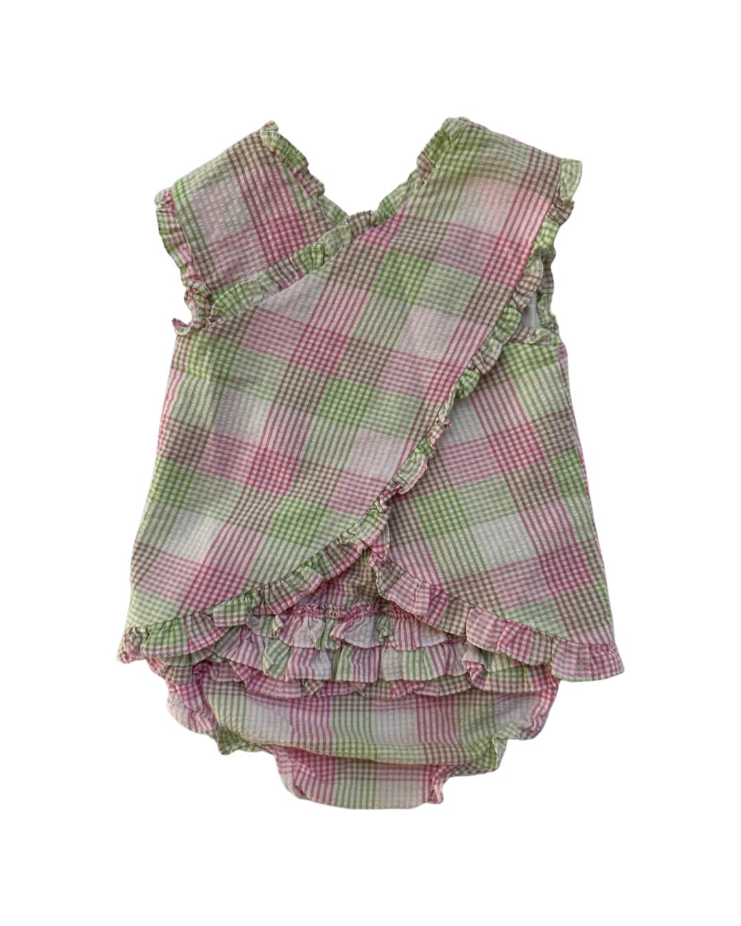 9M Baby Girl Petit Ami Pink / Green Plaid Cross Back Pinafore Top and Ruffle Bottom Bloomers