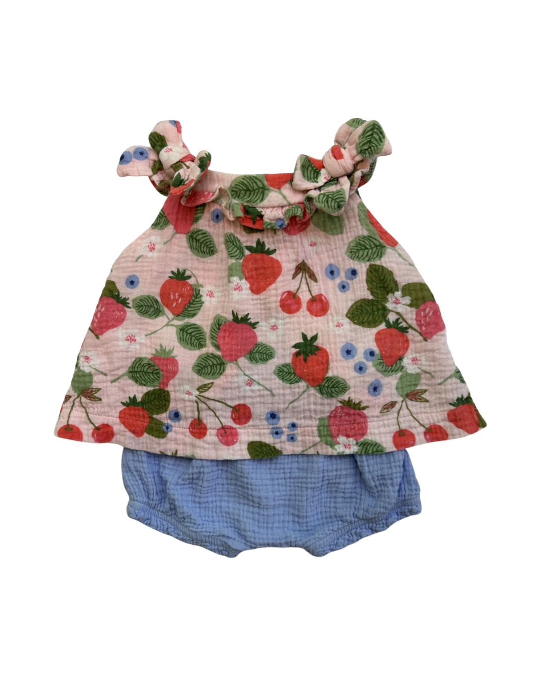 3-6M Baby Girl Mud Pie Muslin Strawberry Swing Pinafore Top and Matching Bloomers