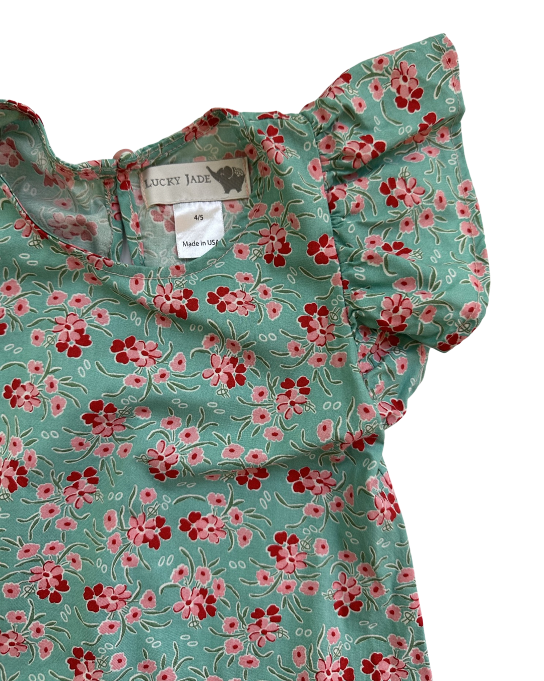 4-5 Toddler Girl Lucky Jade Green & Pink Floral Flutter Sleeve Dress.