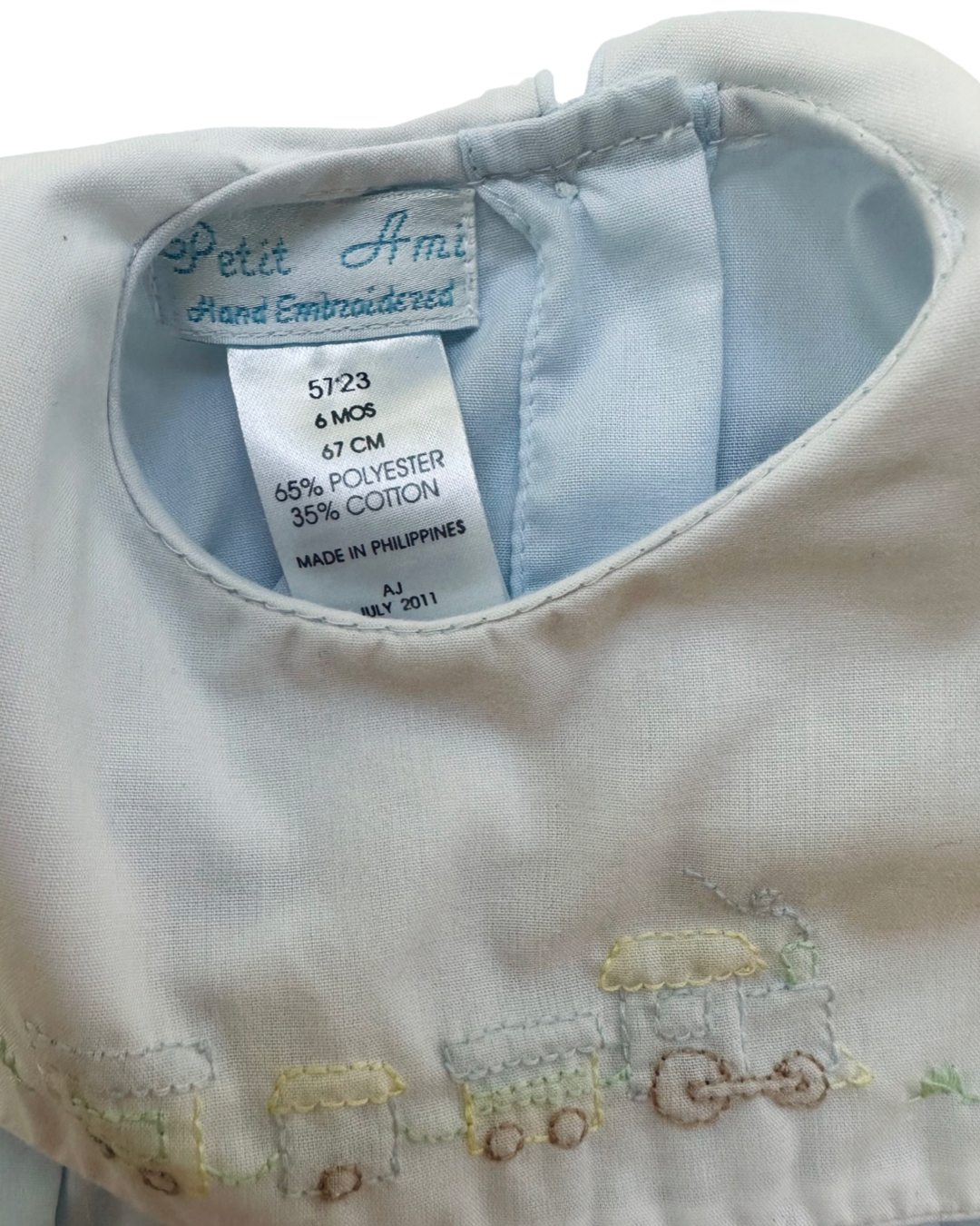 6M Baby Boy Classic Petit Ami Light Blue Bubble with Embroidered Train Collar
