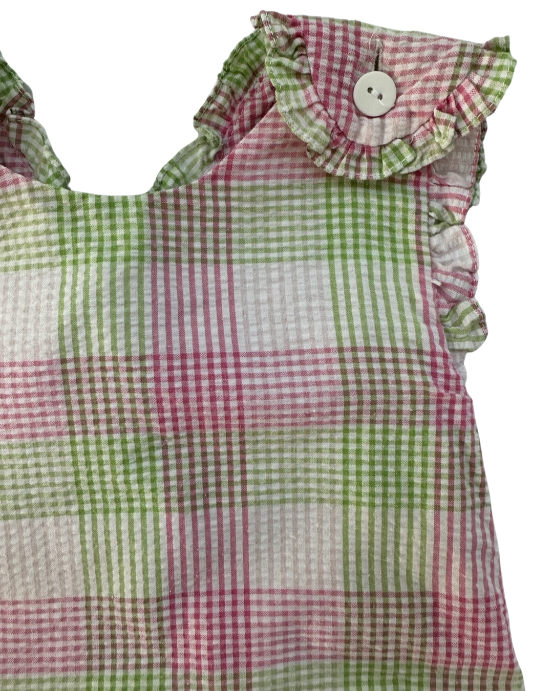 9M Baby Girl Petit Ami Pink / Green Plaid Cross Back Pinafore Top and Ruffle Bottom Bloomers