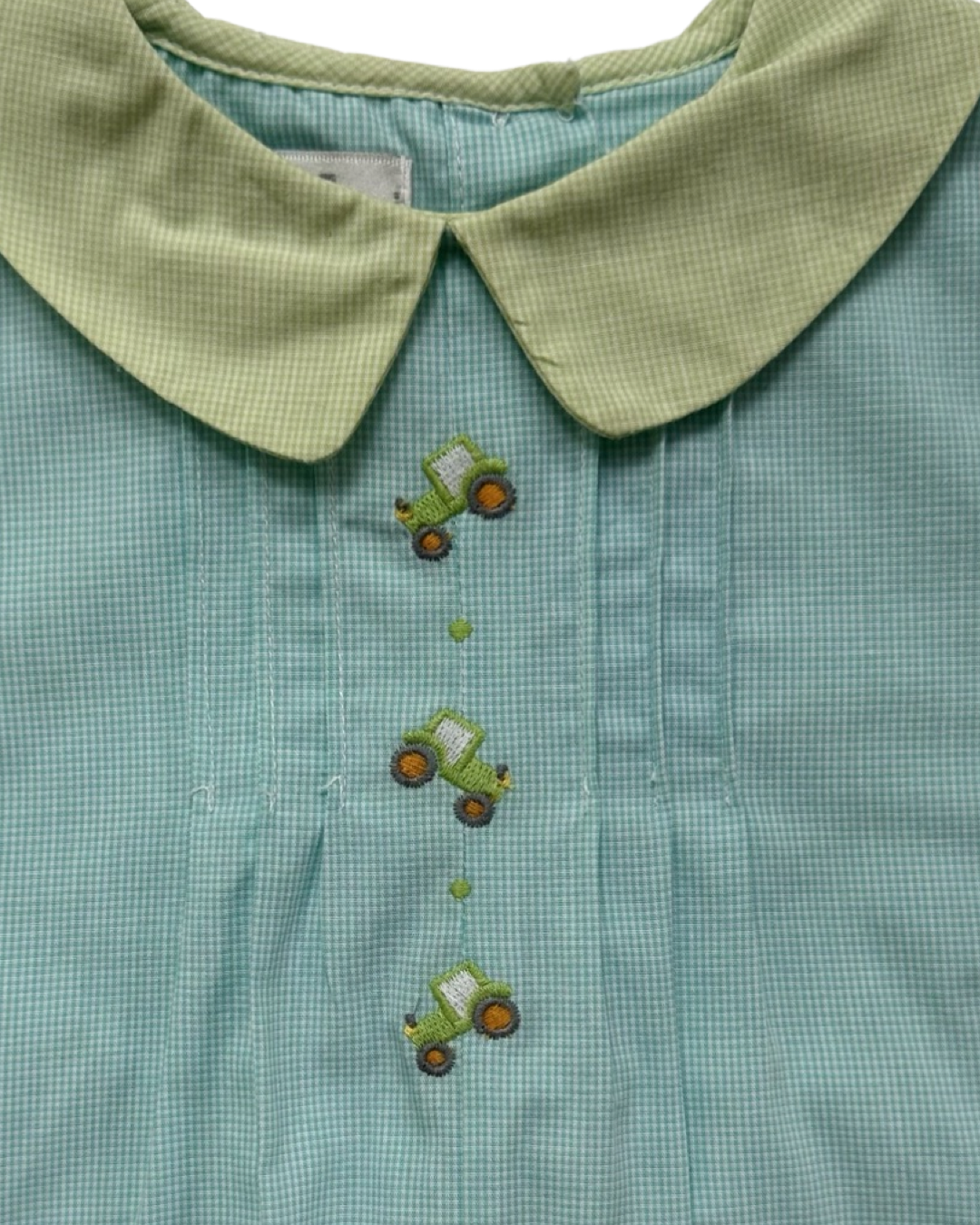 12M Baby Boy Petit Ami Aqua / Green Gingham Tractor Romper