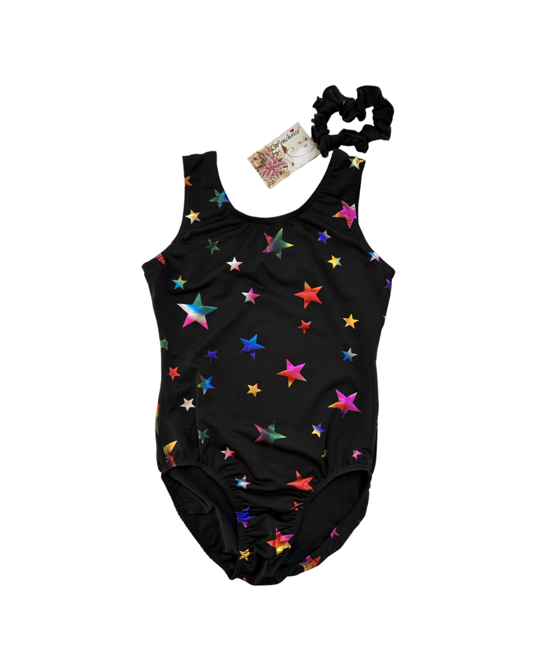 Youth Girls Size 12Y /14Y Black Dance / Gymnastics Leotard with Shimmer Iridescent Stars and Matching Scrunchie