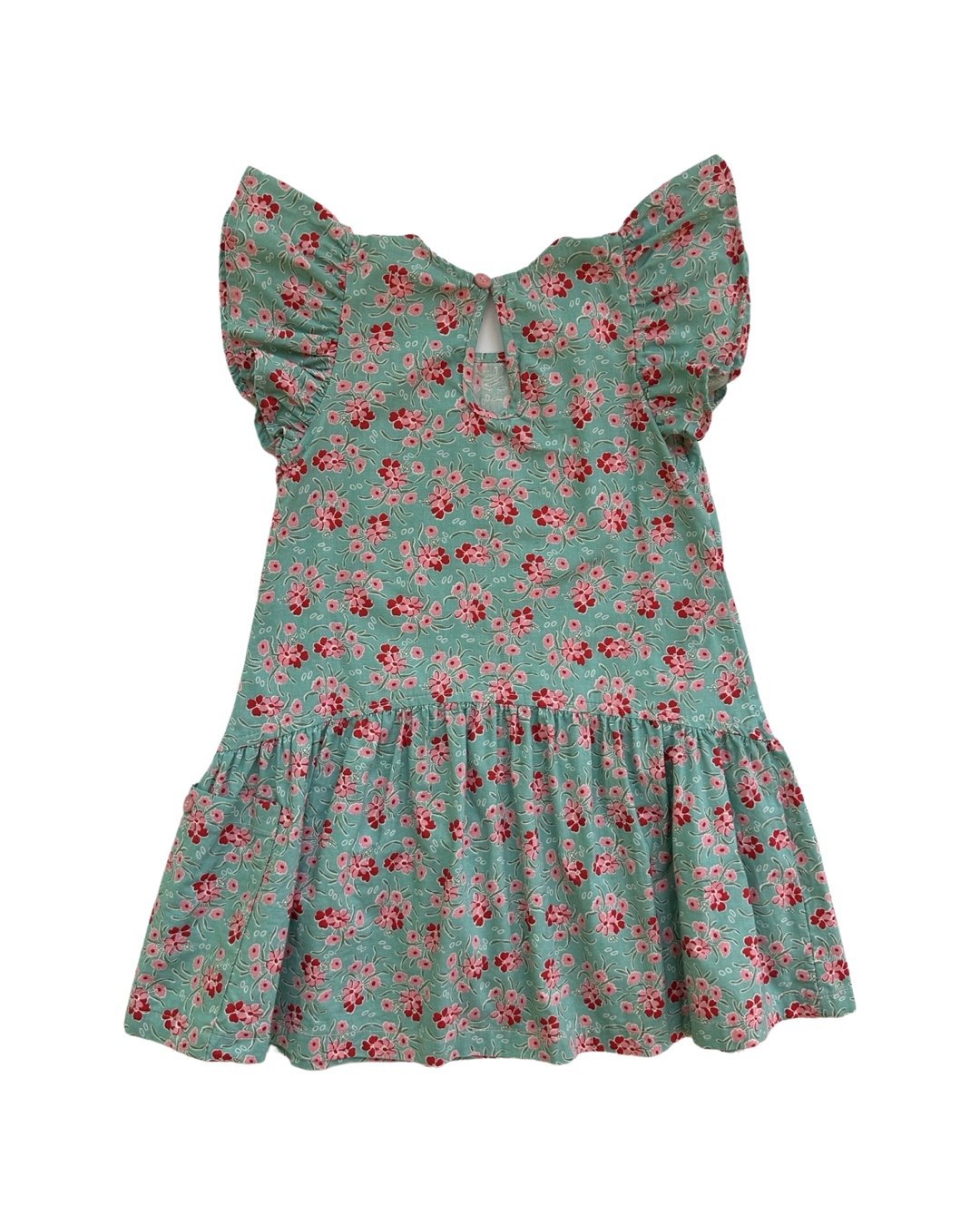 4-5 Toddler Girl Lucky Jade Green & Pink Floral Flutter Sleeve Dress.