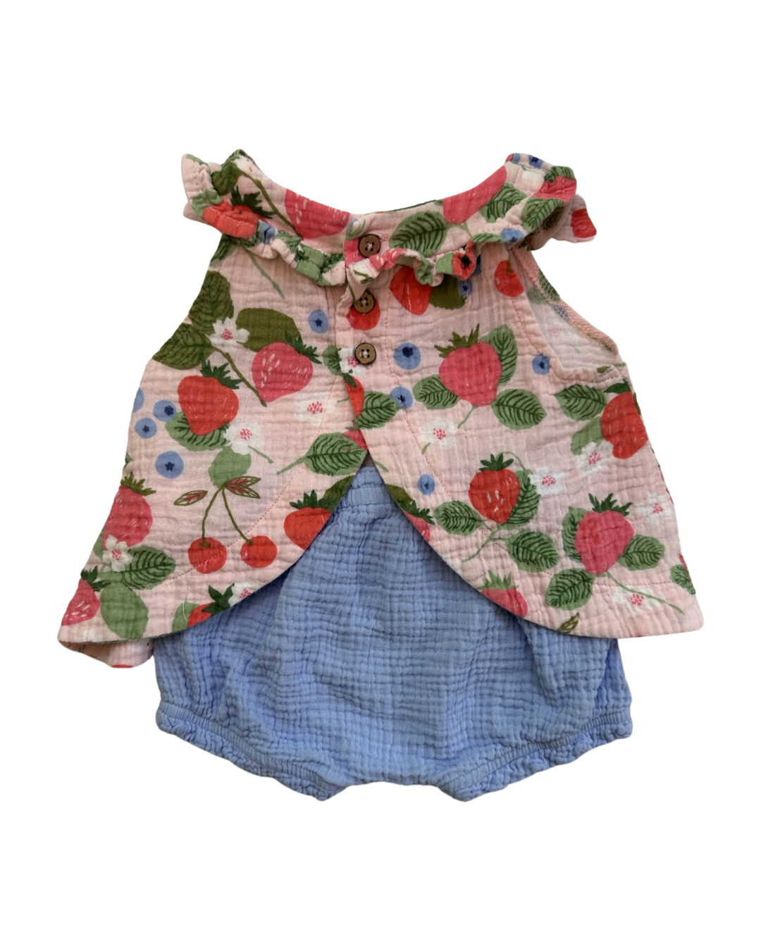 3-6M Baby Girl Mud Pie Muslin Strawberry Swing Pinafore Top and Matching Bloomers