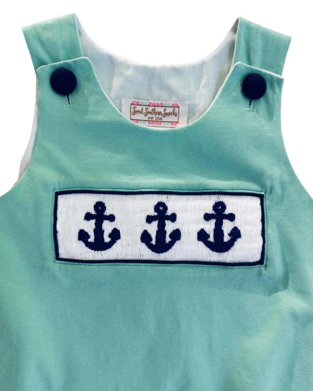 2T Toddler Boy Sweet Southern Smocks Aqua Bubble with Smocked Navy Anchors