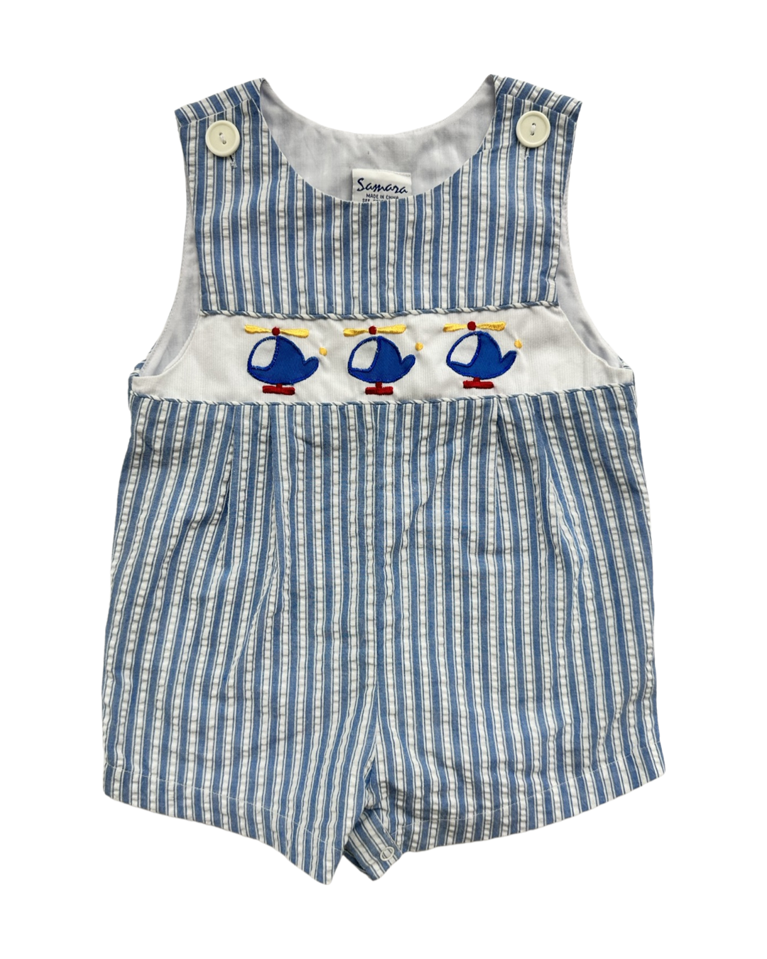 18M Baby Boy Samara Blue Seersucker Helicopter Romper Bubble