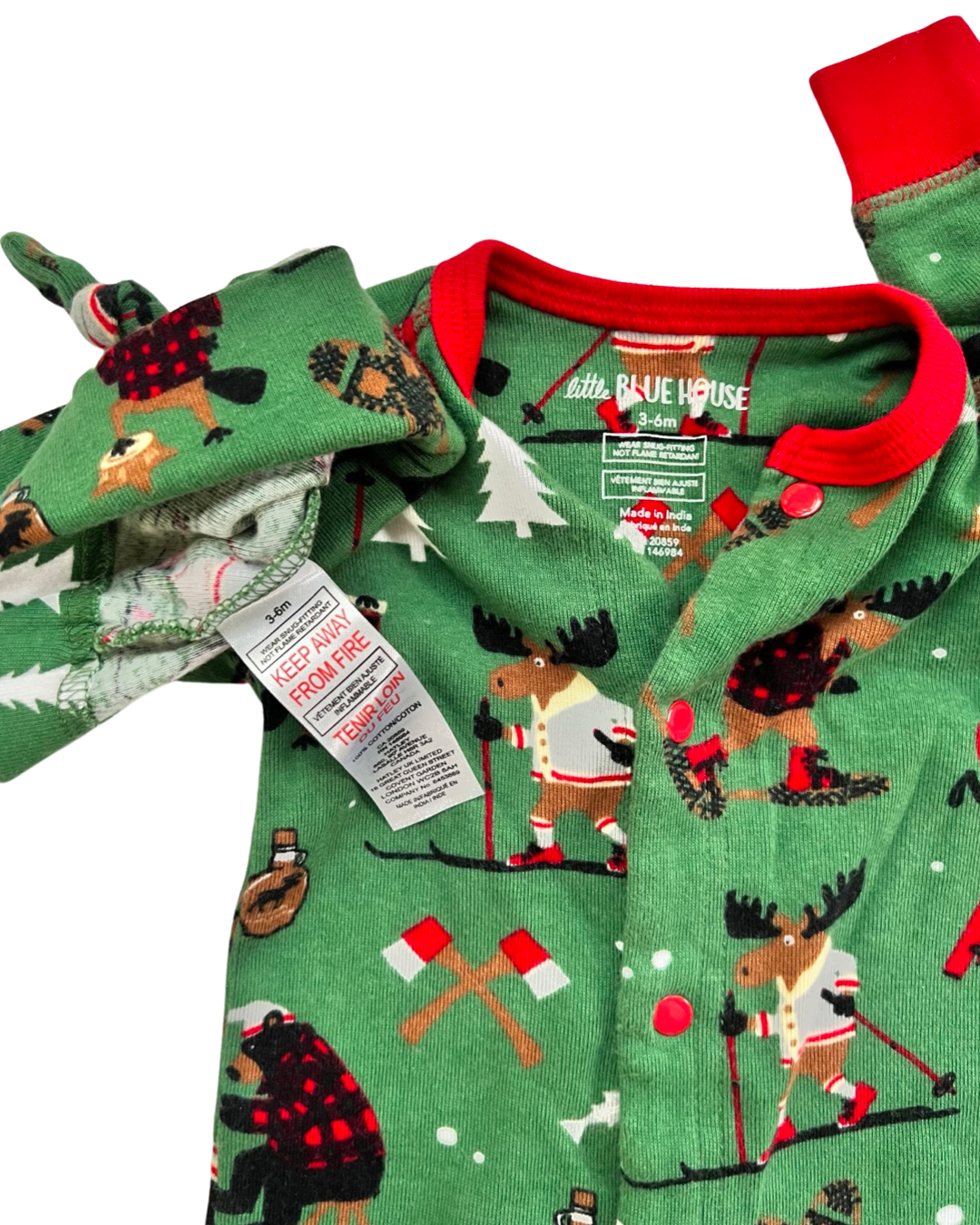 3-6M Baby Boy Little Blue House Winter Moose Sleeper w/ Knotted Beanie