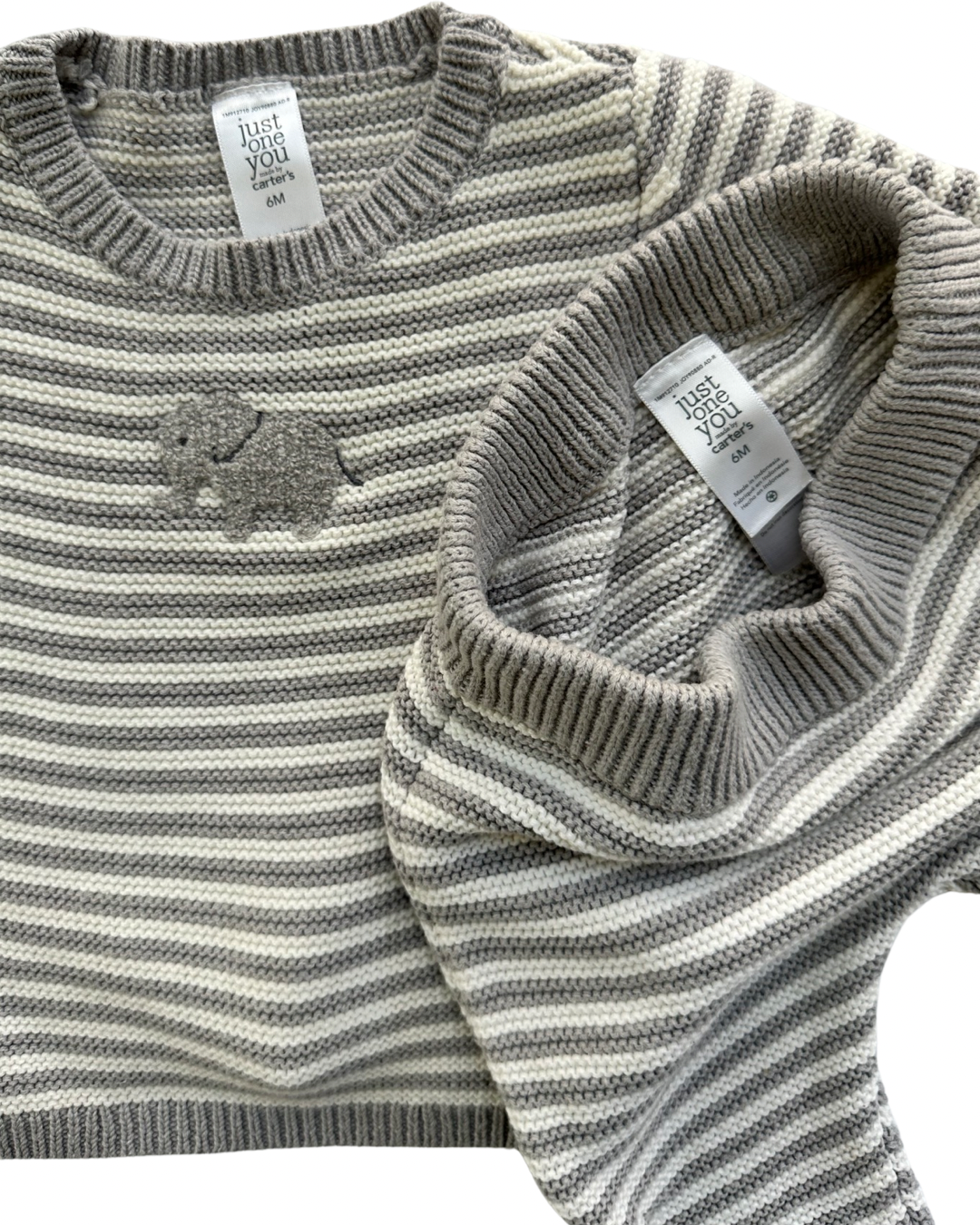 6M Baby Boy Carters Gray / White Striped Knit Sweater Outfit w/ Elephant Design