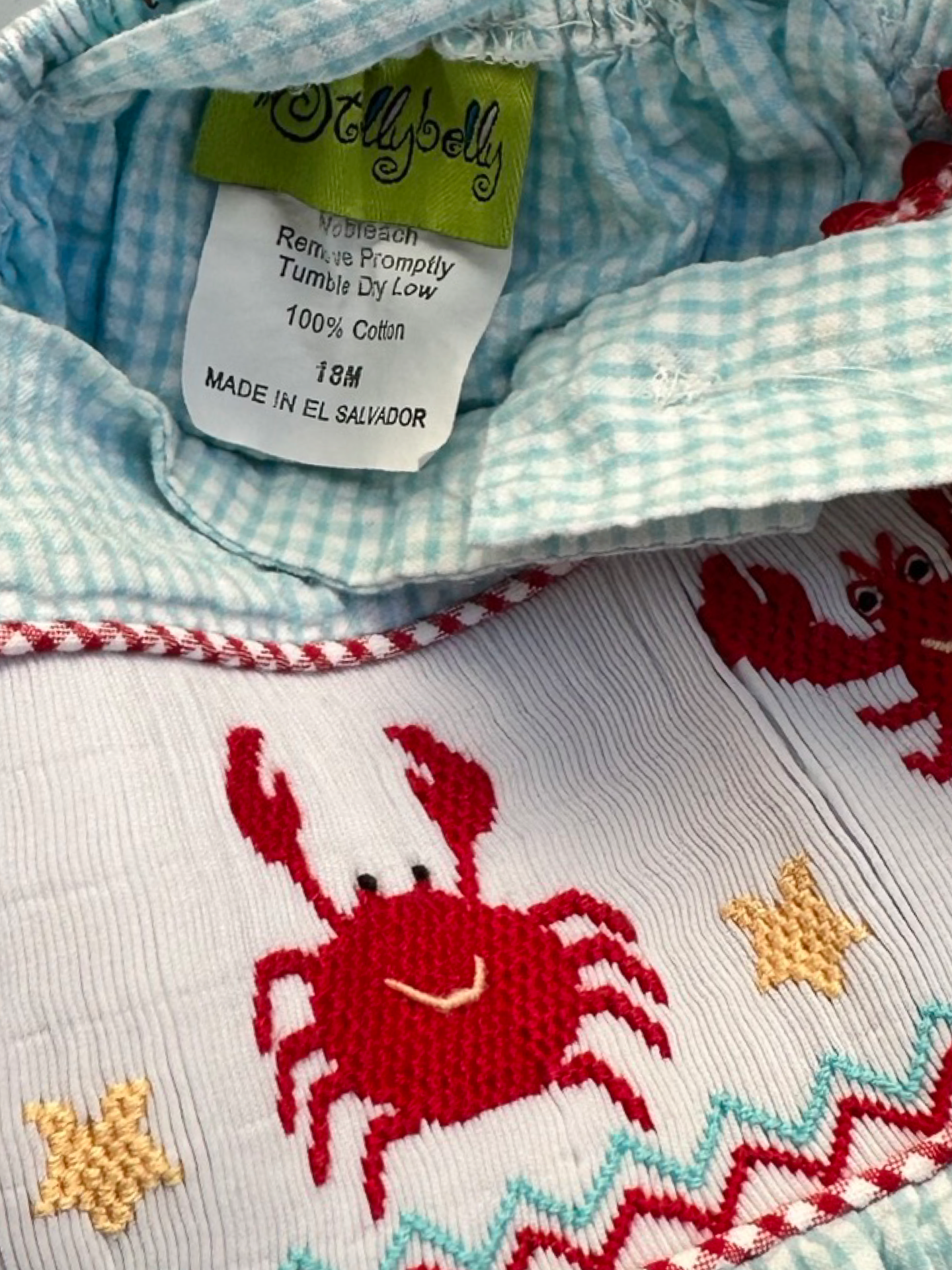 18M Baby Girl StellyBelly Blue Seersucker Smocked Crab & Lobster Dress
