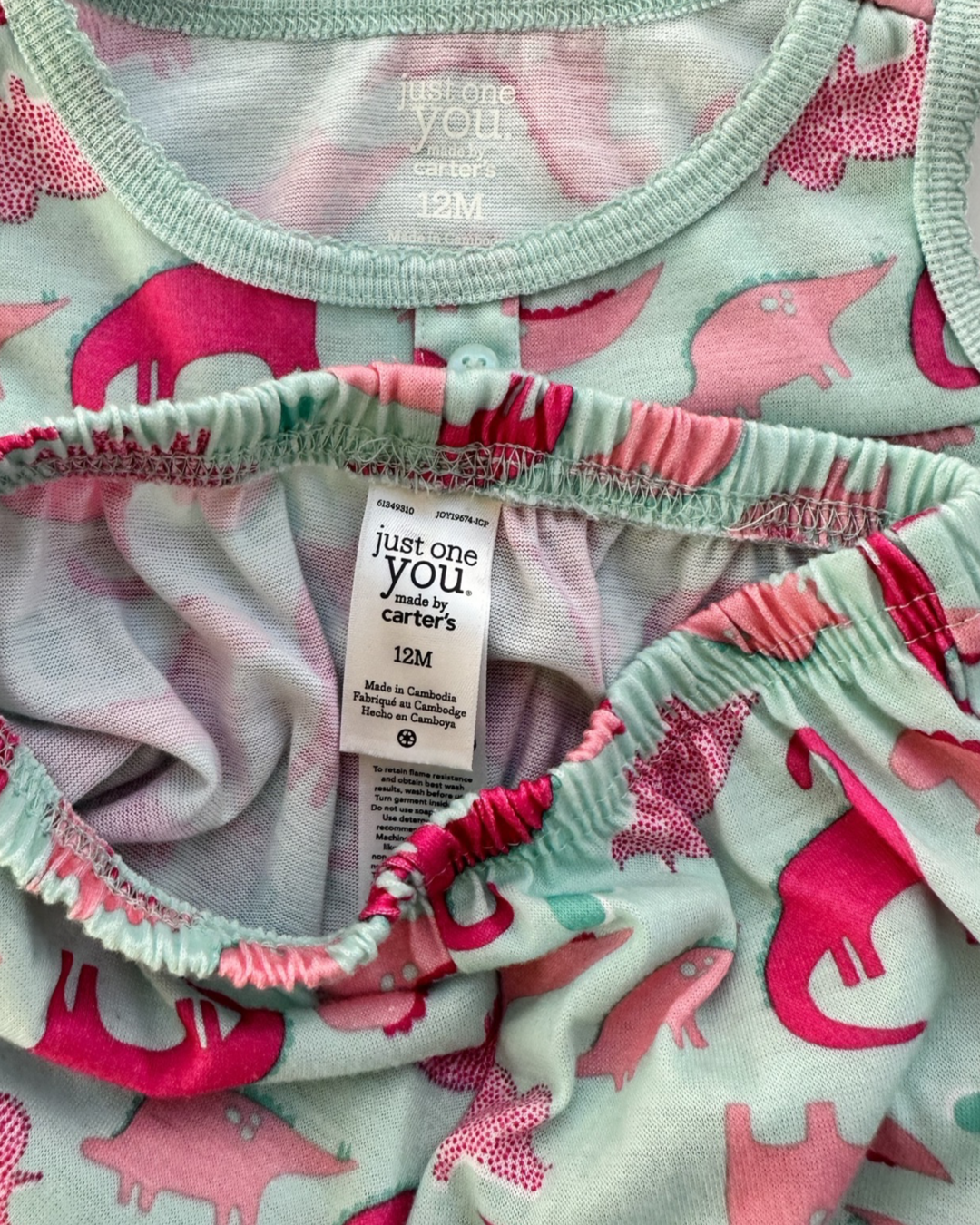 12M Baby Girl Carters Pink / Aqua Dinosaur PJs Shorts & Tank
