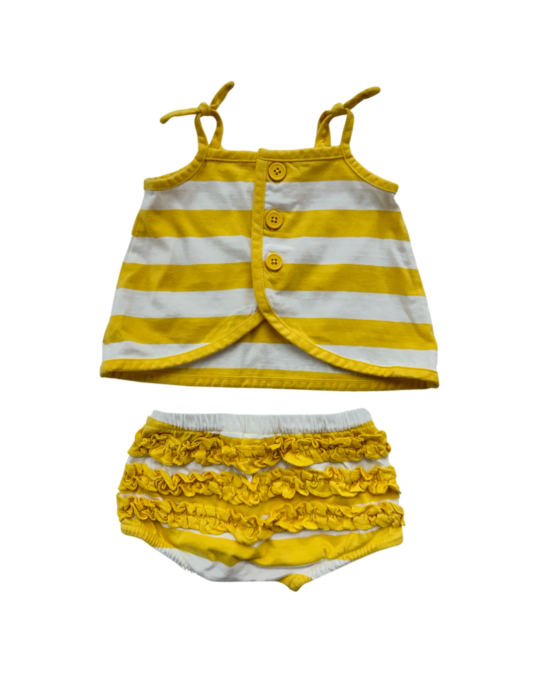 0-3M Baby Girl Hanna Andersson Yellow / White Striped Tank Top & Rufflebutt Bubble Shorts