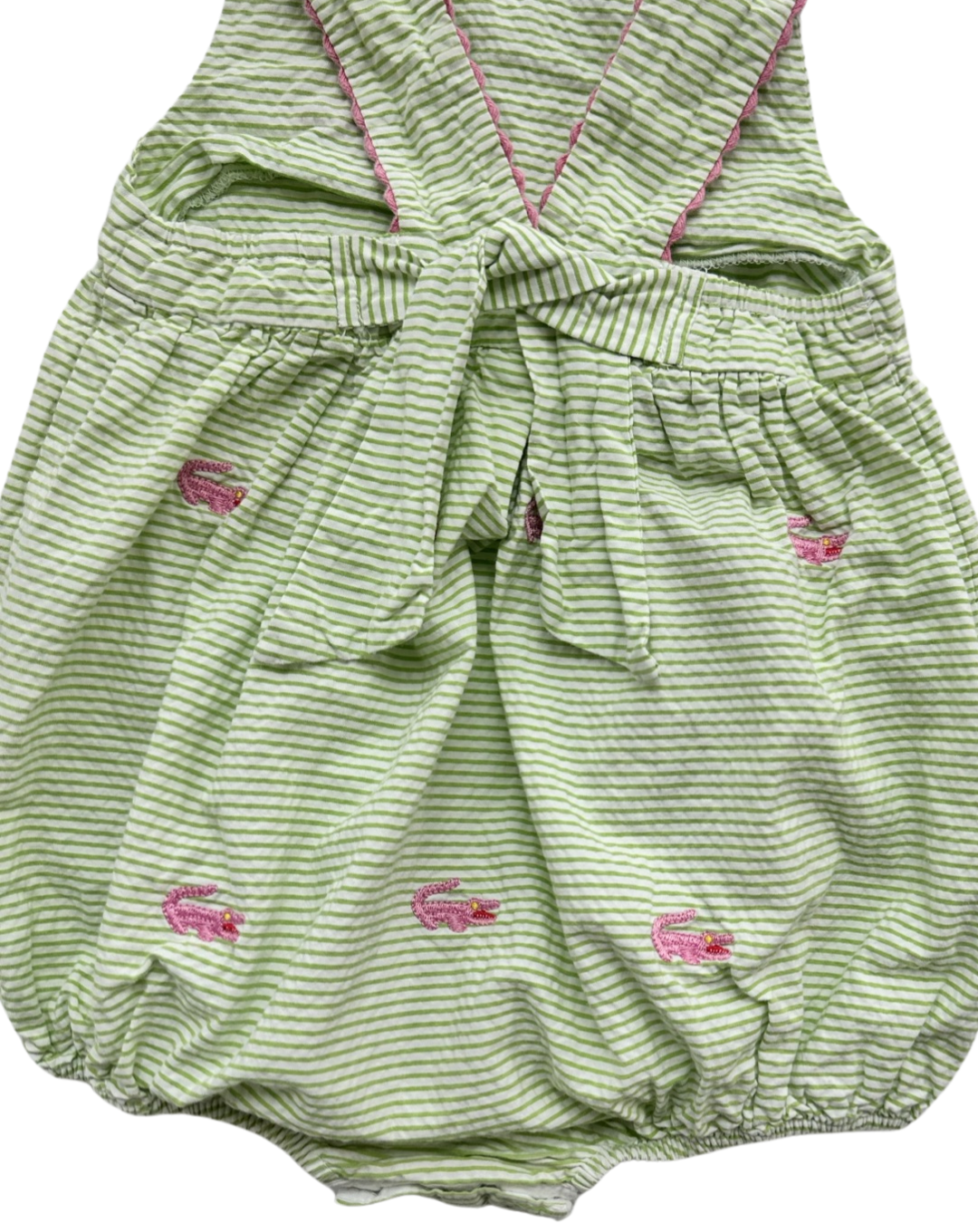 24M Baby Girl Mondays Child Boutique Green Seersucker Alligator Embroidered Bubble Romper