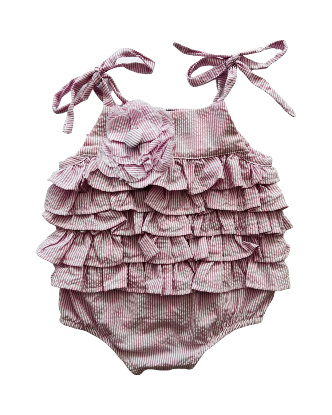 9M-12M Baby Girl Pink Seersucker MudPie Ruffle Bubble Outfit