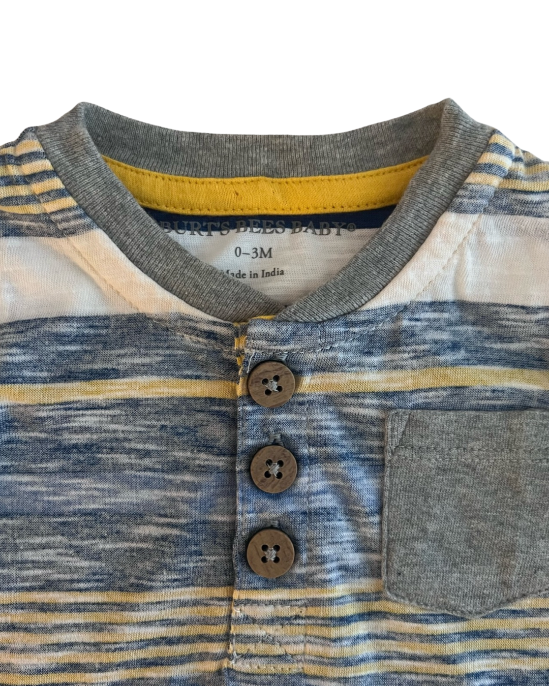 0-3M Baby Boy Burt’s Bees Blue Yellow & Gray Striped Henley Romper