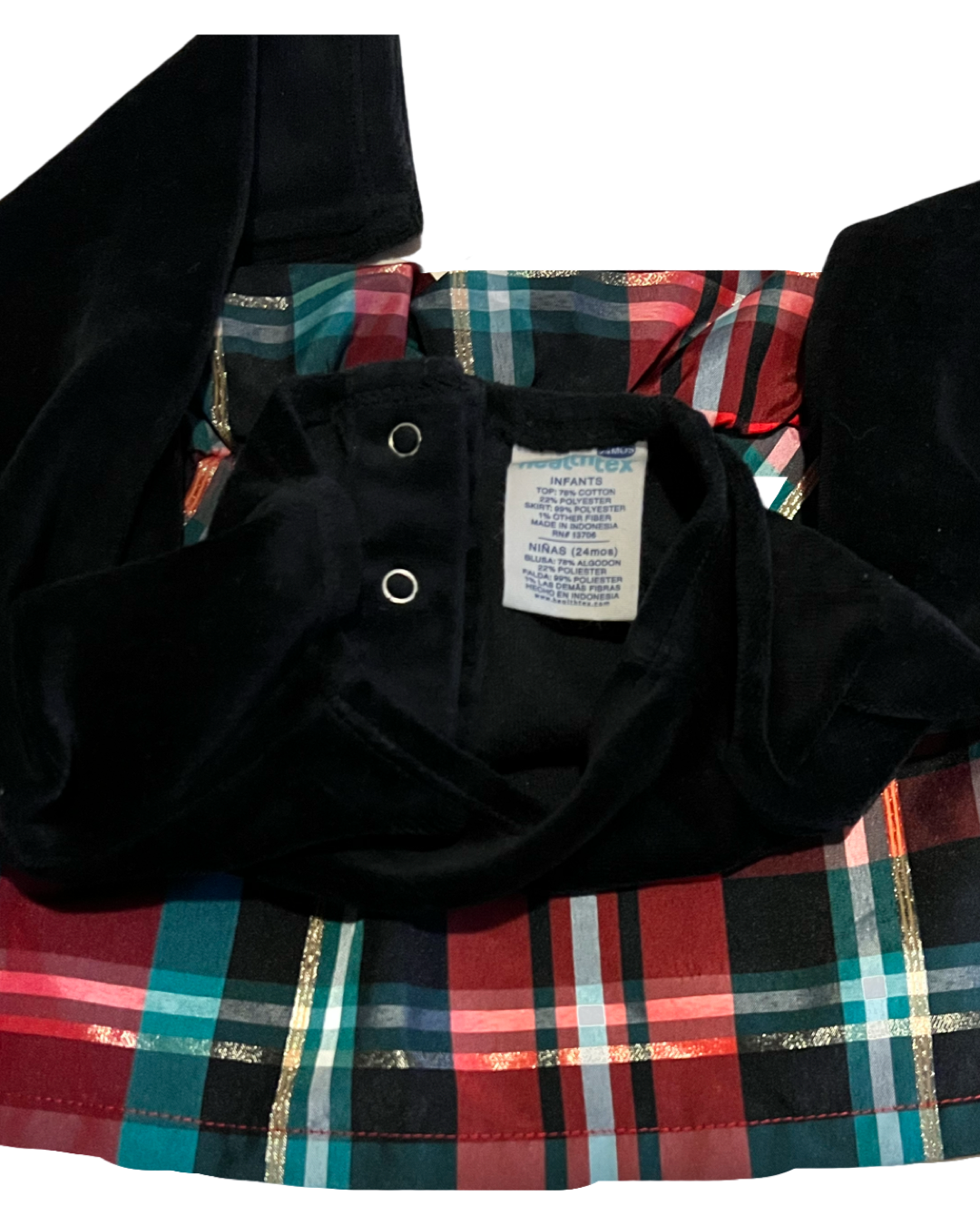 24M Baby Girl HealhTex Tartan Plaid & Black Velvet Christmas Dress