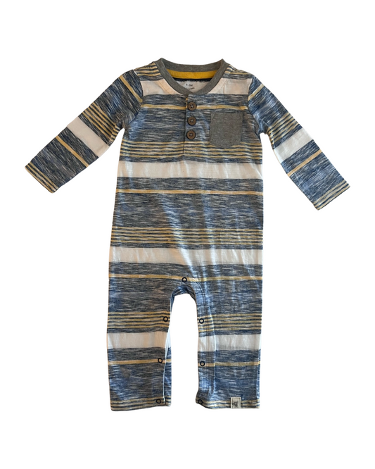 0-3M Baby Boy Burt’s Bees Blue Yellow & Gray Striped Henley Romper