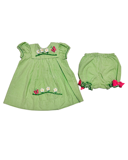 24M Baby Girl Green Gingham Peaches & Cream 2Pc Set Dress w/ Matching Bubble Bloomers