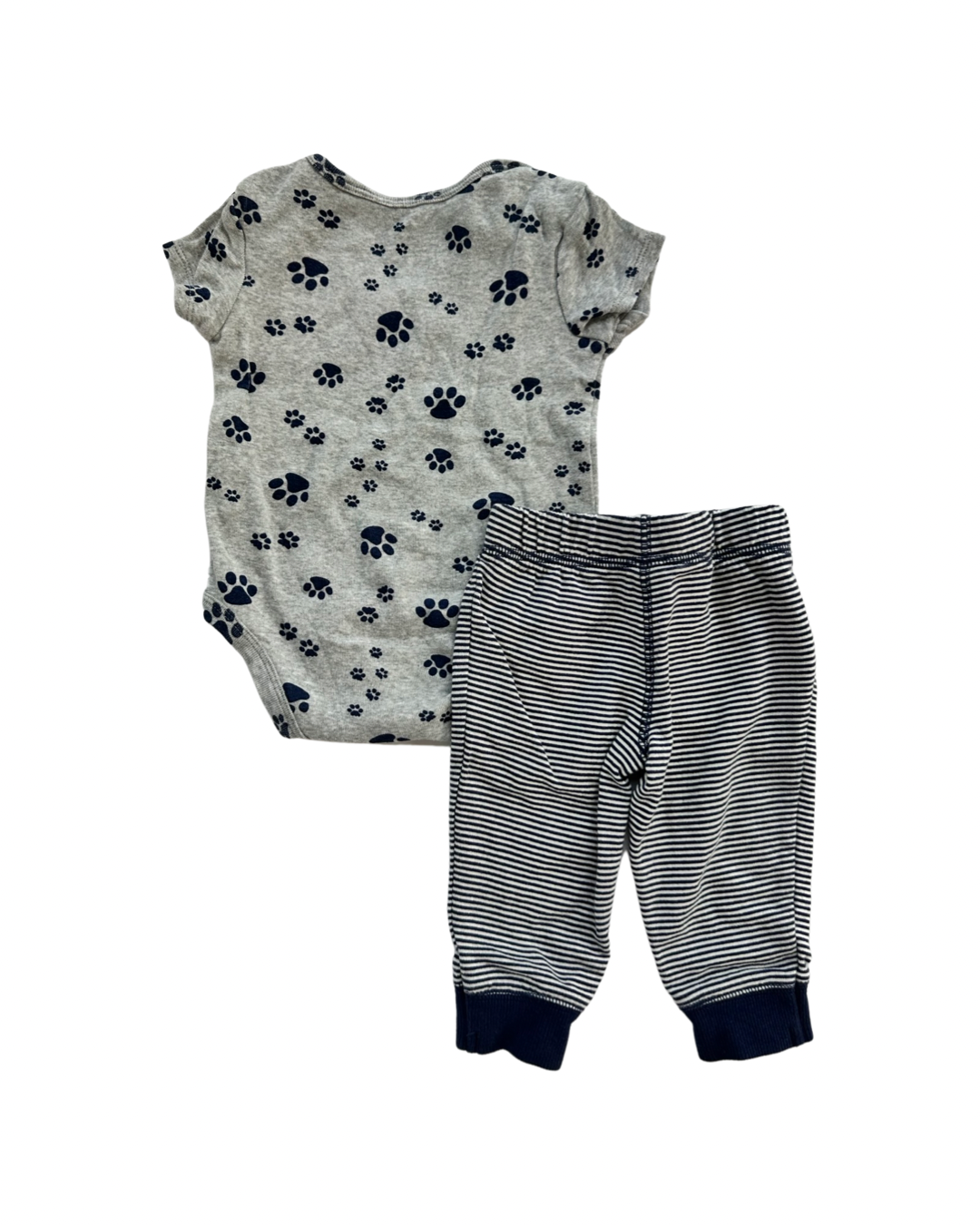 6M Baby Boy Carters Navy Gray Paw Print Onesie & Coordinating Navy Striped Jogger Pants