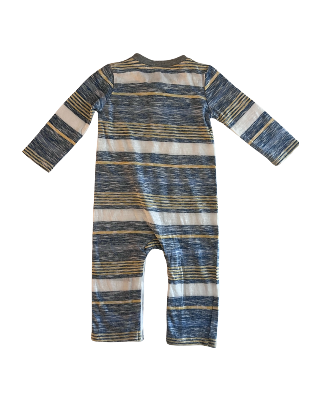0-3M Baby Boy Burt’s Bees Blue Yellow & Gray Striped Henley Romper