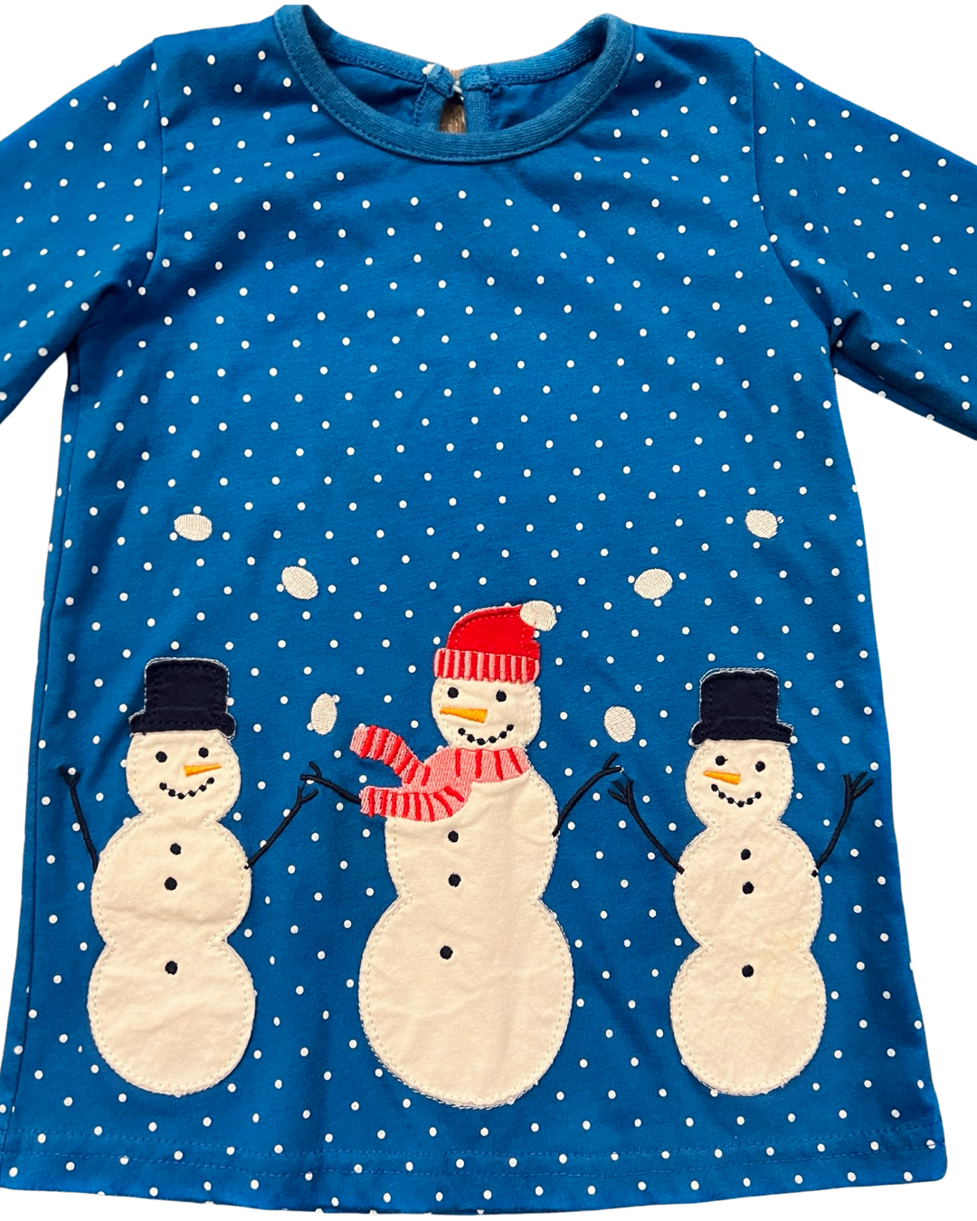 12M-18M Baby Girl Blue Polka Dot Winter Snowman Dress