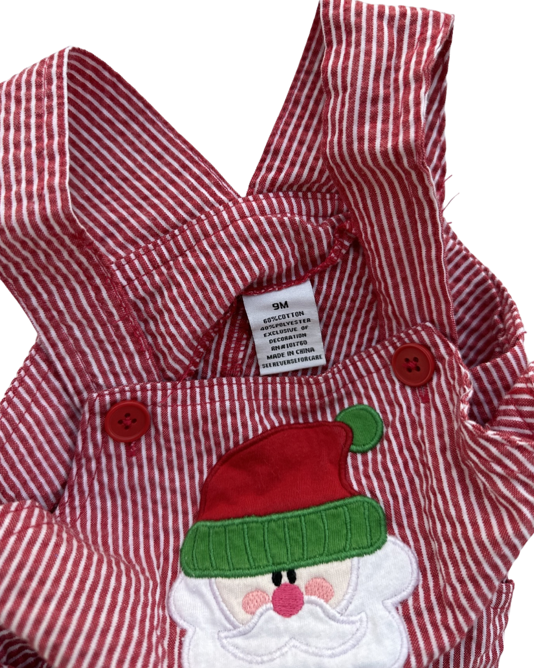 9M Baby Boy Red Striped Seersucker Christmas Tree / Santa Longall Romper