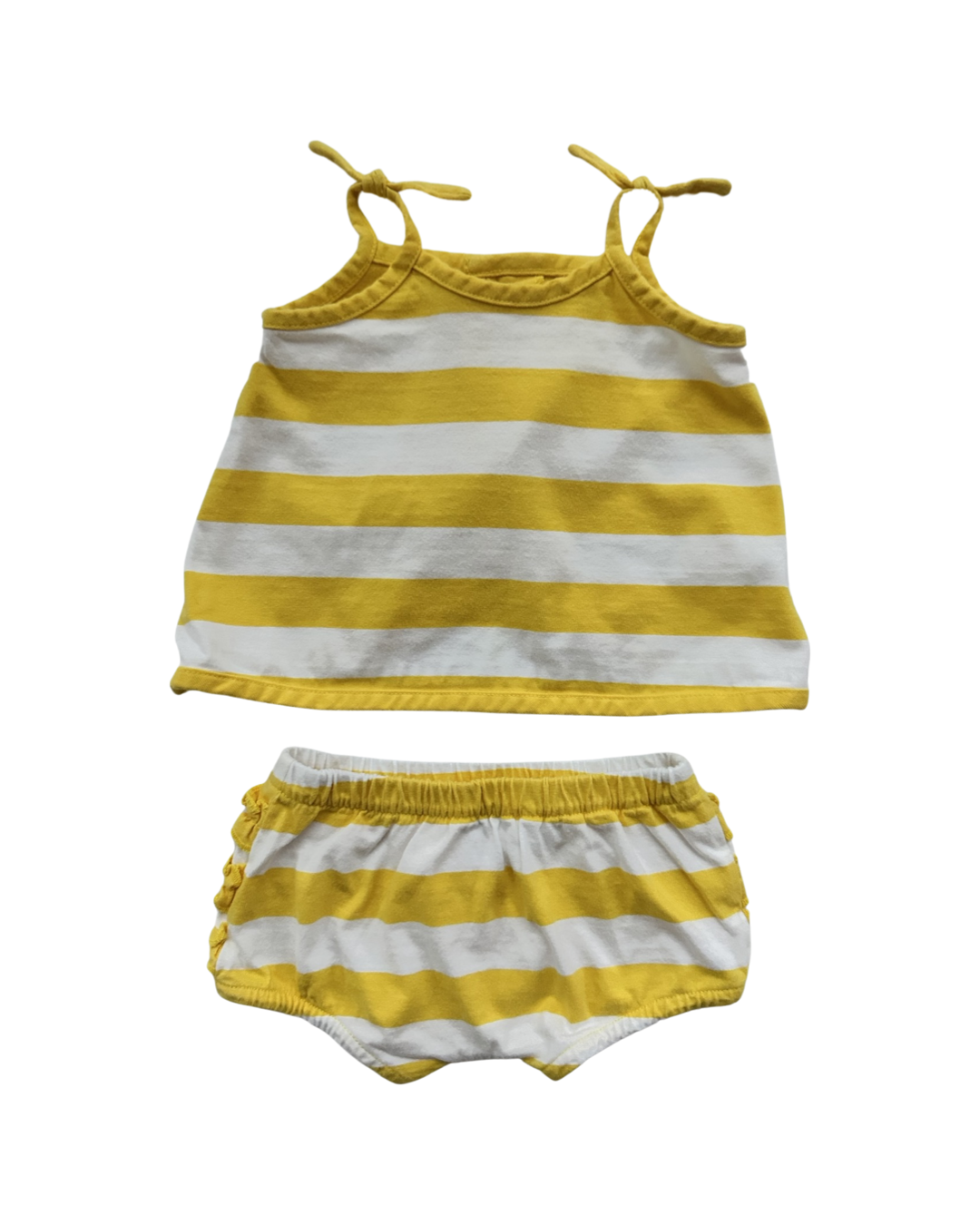 0-3M Baby Girl Hanna Andersson Yellow / White Striped Tank Top & Rufflebutt Bubble Shorts