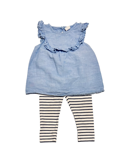12M-18M Baby Girl H&M Outfit Chambray Top and Black / white Striped Leggings