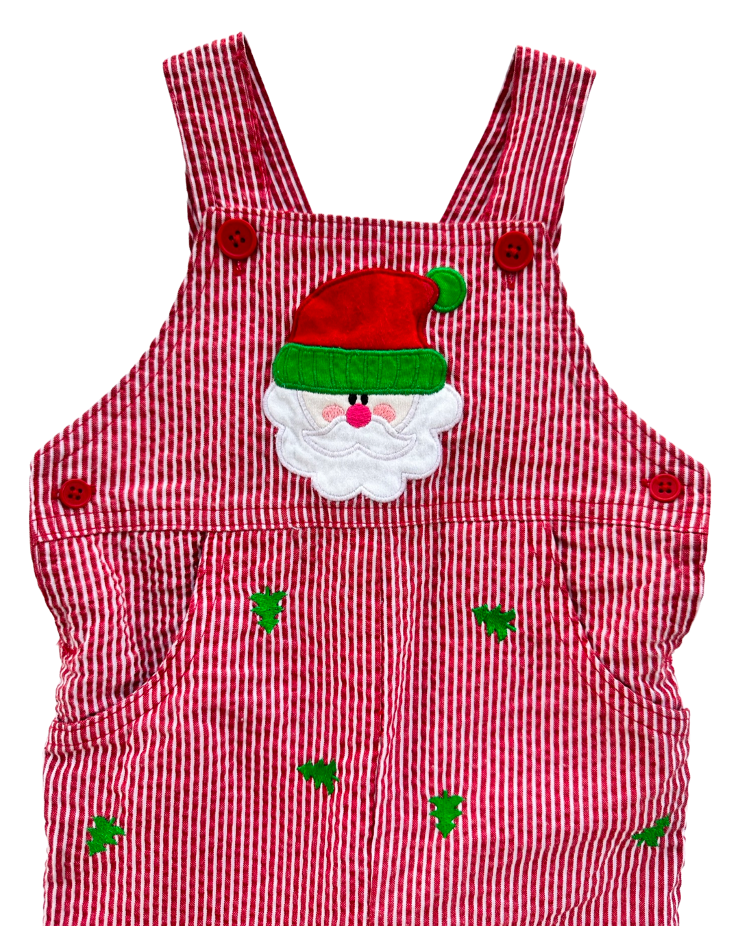 9M Baby Boy Red Striped Seersucker Christmas Tree / Santa Longall Romper
