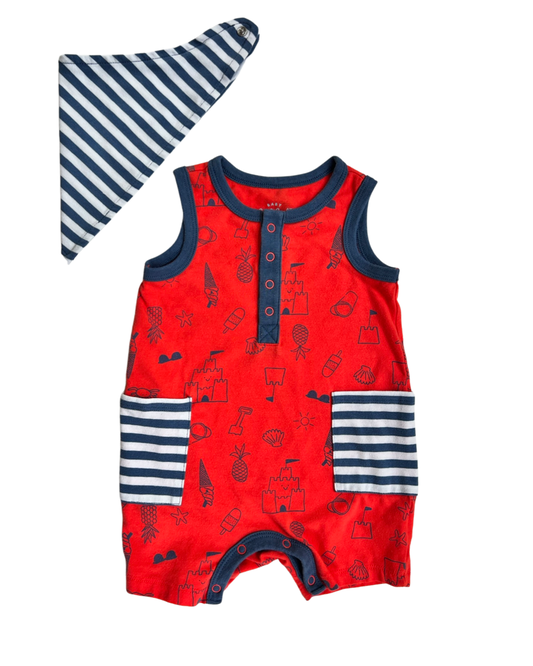 3-6M Baby Boy Summer Cat & Jack Romper w/ Bandana Bib