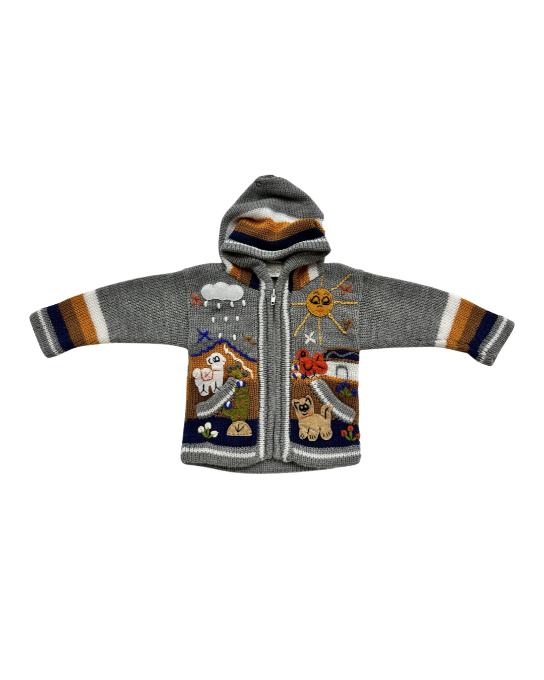 12M-18M Baby Boy Peruvian Embroidered Knit Zip Up Hoodie Sweater Cardigan