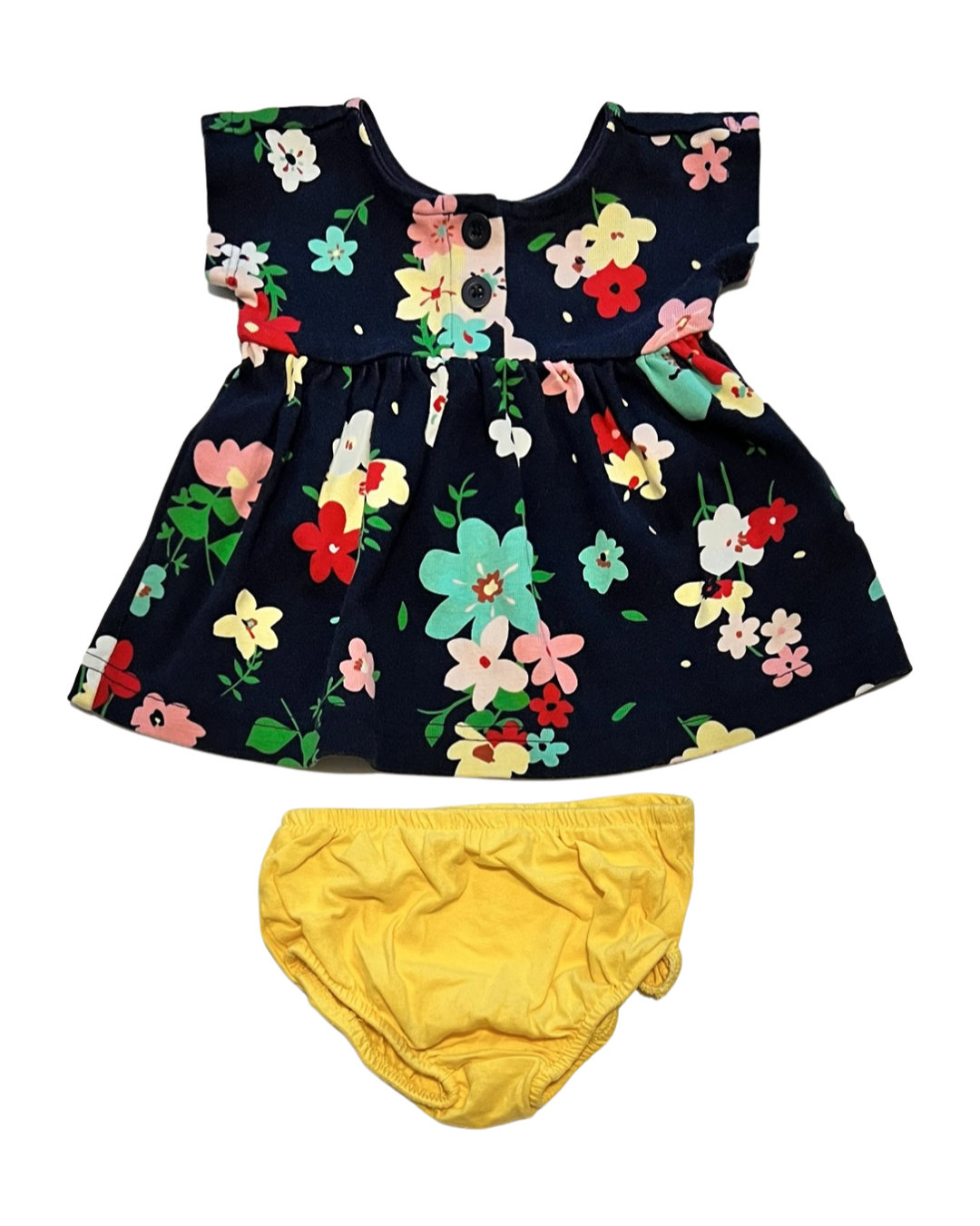 0-3M Baby Girl Navy Floral Hanna Andersson Dress with Yellow Bloomers