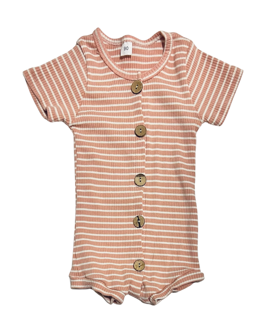 12M-18M Baby Girl Pink & White Striped Salmon Ribbed Romper