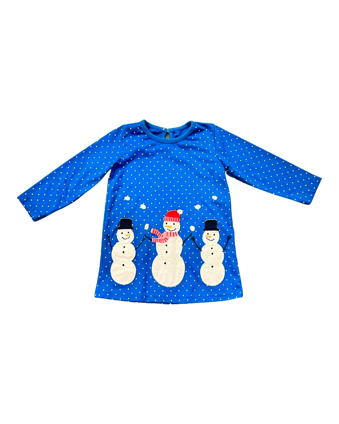 12M-18M Baby Girl Blue Polka Dot Winter Snowman Dress