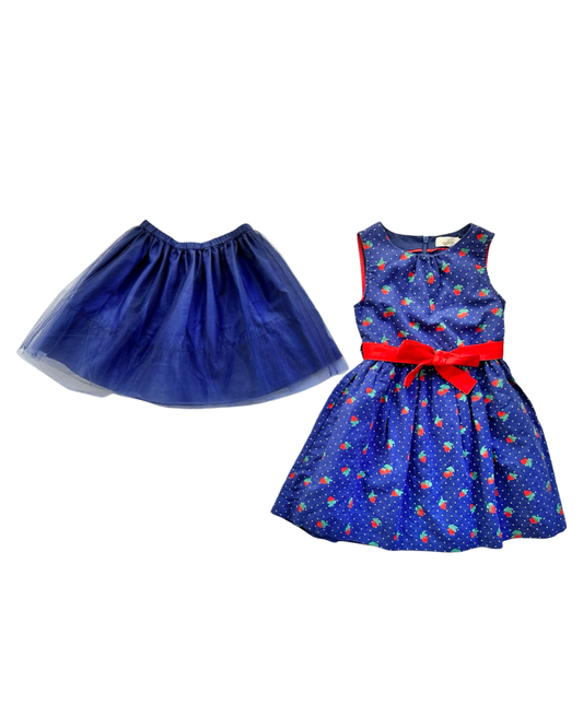 4-5 Toddler Girl Mini Boden Blue Strawberry Dress with Tulle Underlay Skirt