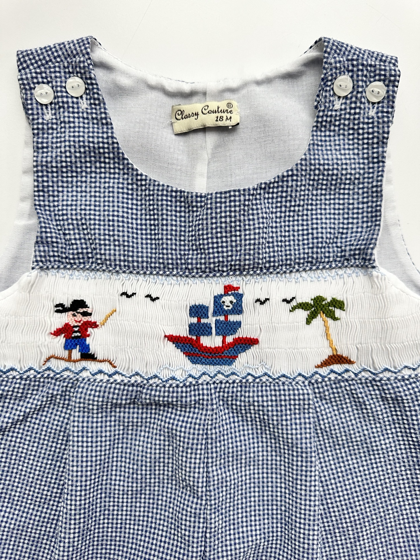 18M Baby Boy Classy Couture Smocked Blue Gingham Pirate Romper Shortall