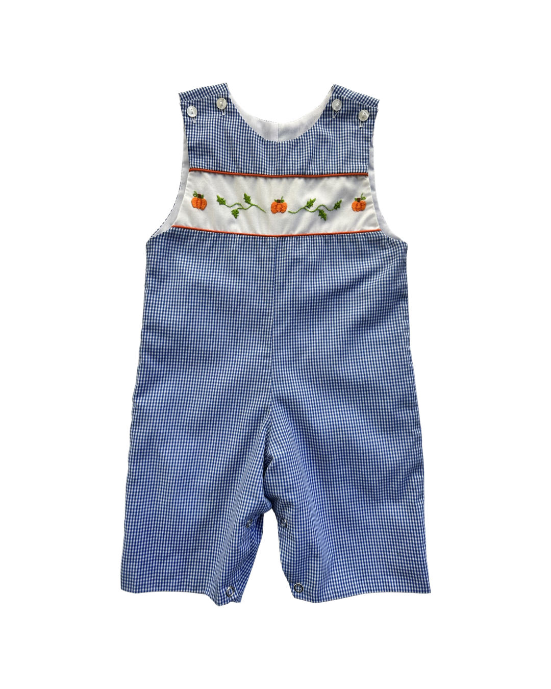 3M Baby Boy Blue Gingham Lulu Bebe Hand Embroidered Pumpkin Longall Romper