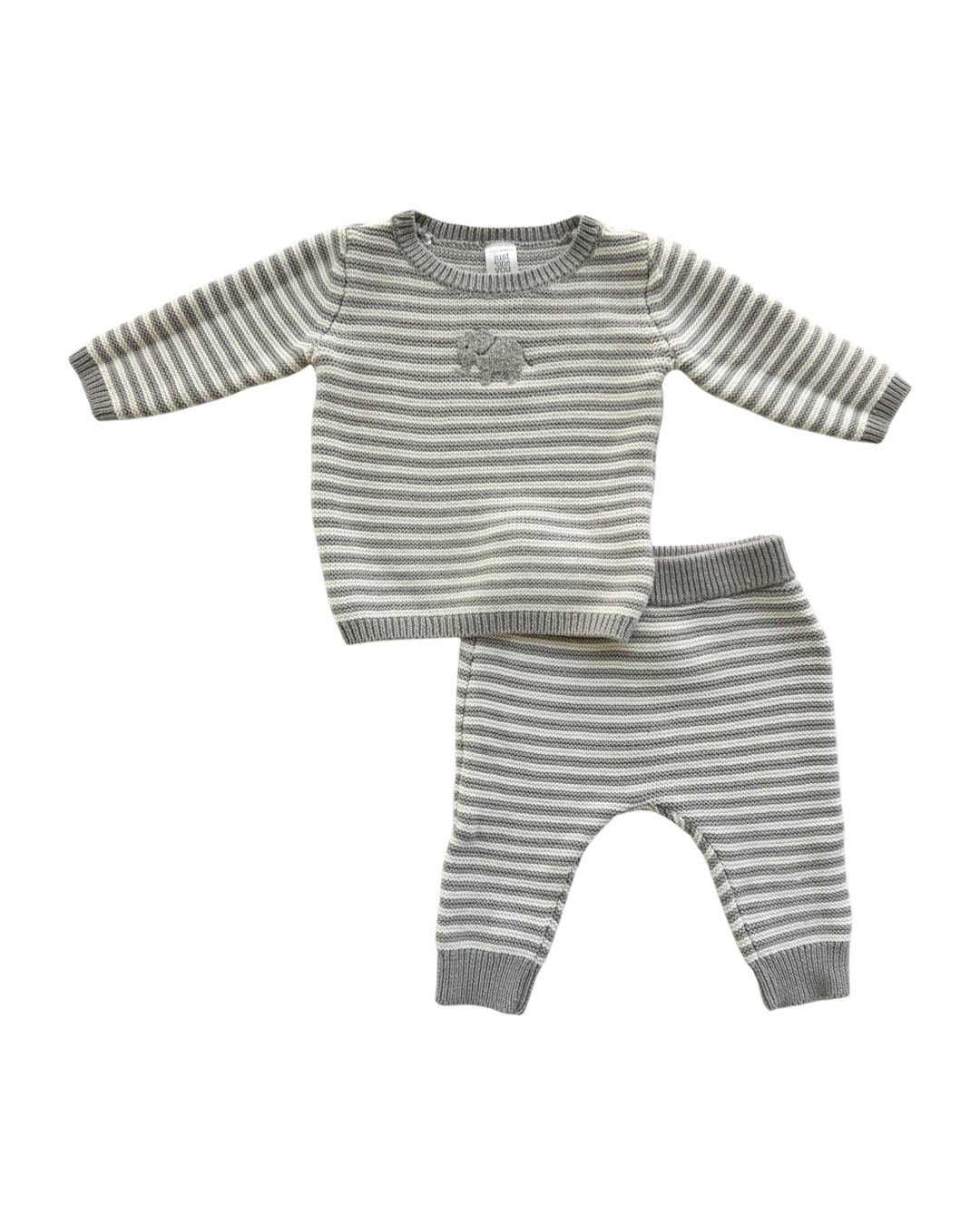 6M Baby Boy Carters Gray / White Striped Knit Sweater Outfit w/ Elephant Design