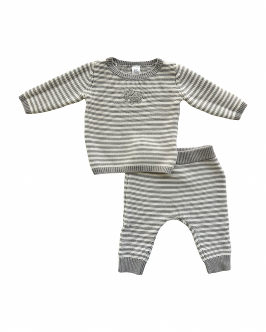 6M Baby Boy Carters Gray / White Striped Knit Sweater Outfit w/ Elephant Design