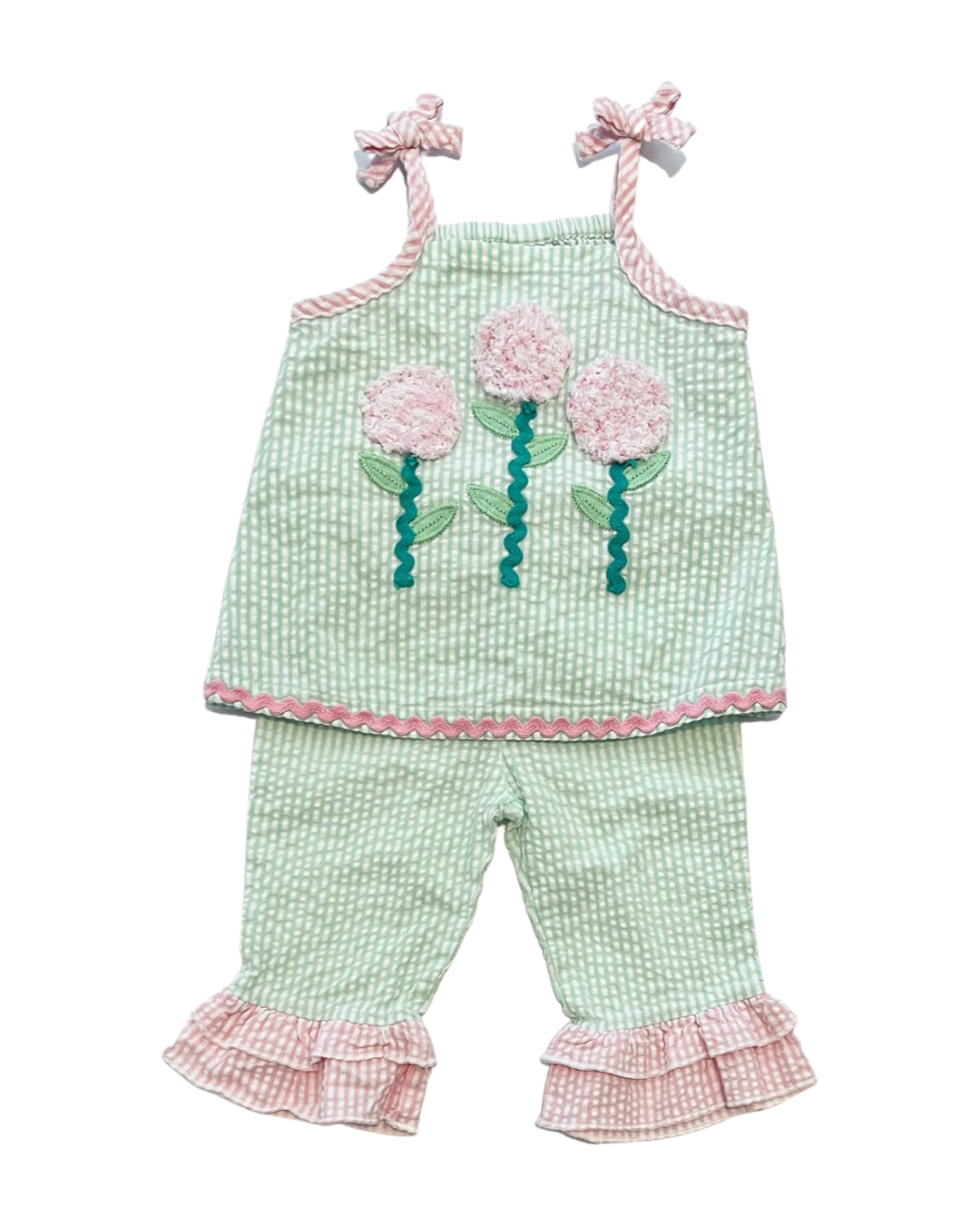 3-6M Baby Girl Green / Pink Seersucker Nursery Rhyme Outfit Set Top & Bottoms