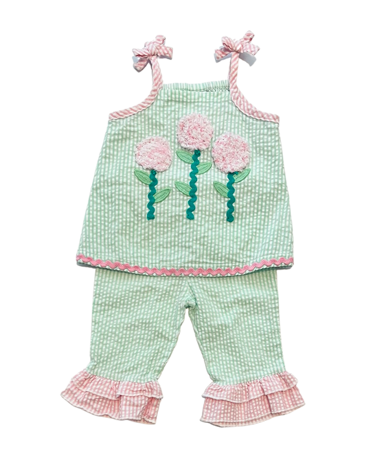 3-6M Baby Girl Green / Pink Seersucker Nursery Rhyme Outfit Set Top & Bottoms