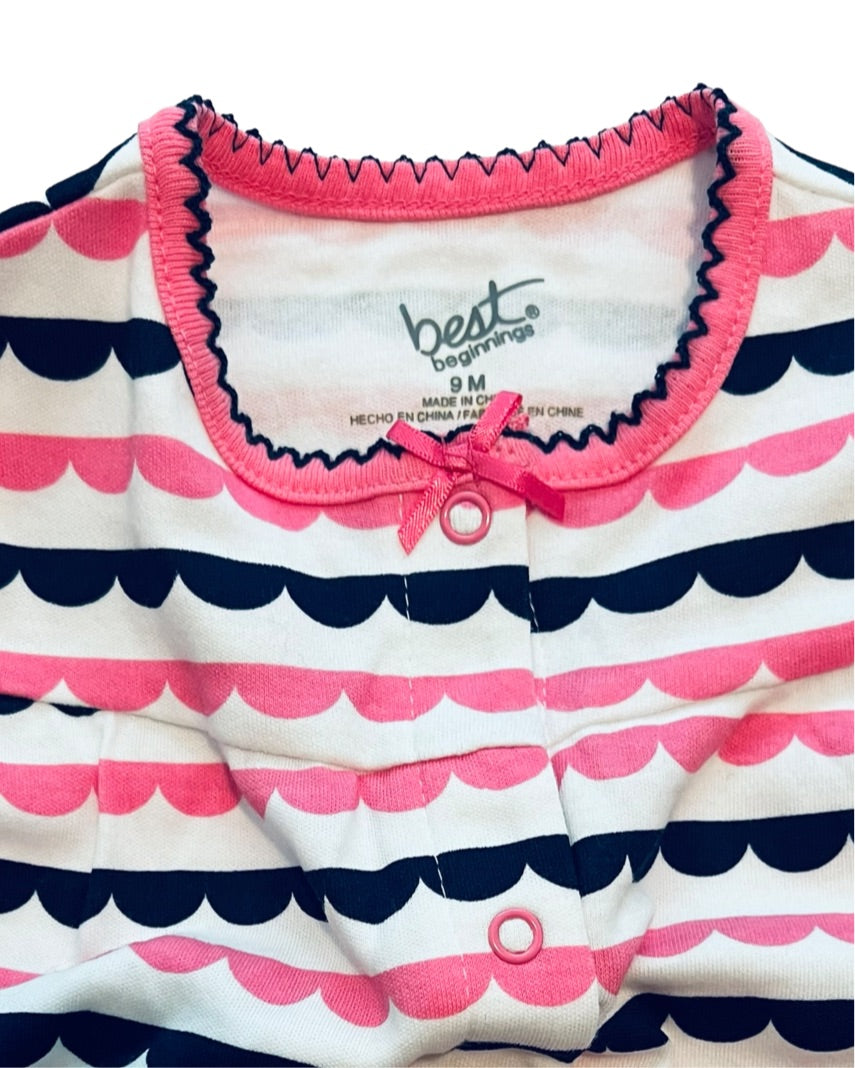 9M Baby Girl Pink / Navy Striped Best Beginnings Snap Up Bubble Romper