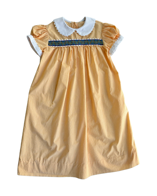 6 Youth Girls Classic Orange Gingham Boutique Dress w/ Peter Pan Collar and Owl Design