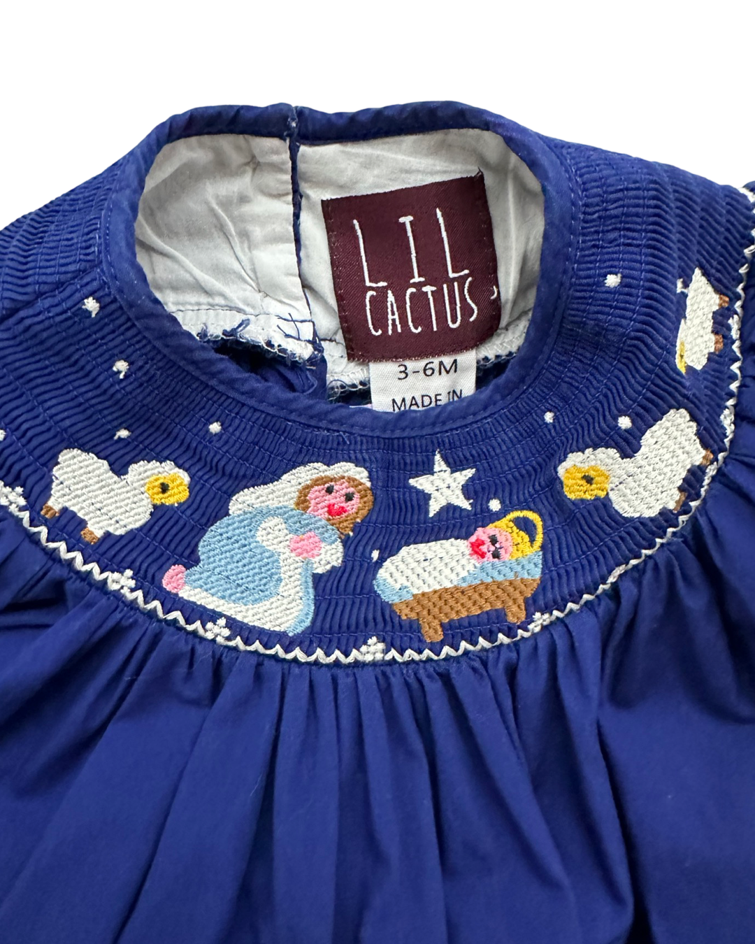 3-6M Baby Girl Lil Cactus Blue Smocked Nativity Christmas Dress